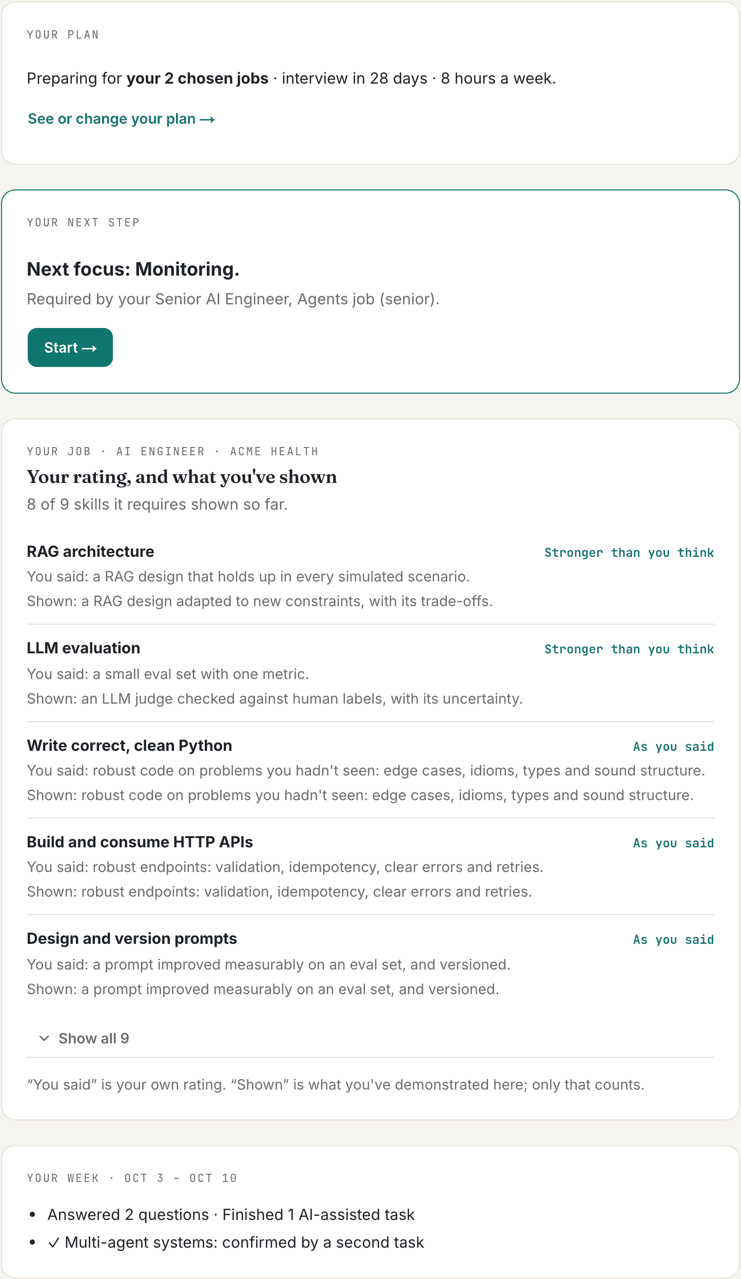 A demo learner's Coaching page: the plan, one next step with its reason, and the week's progress